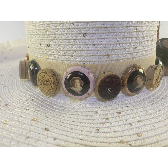 Falls Creek Women's Summer Hat  Wine Motif With Sunflower White & Tan Wide Brim - Picture 6 of 8